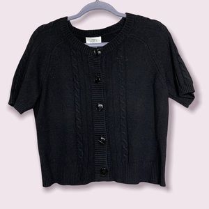 ANN TAYLOR LOFT SZ M BLACK NITTED BOATNECK SHORT SLEEVE BUTTON CARDIGAN SWEATER